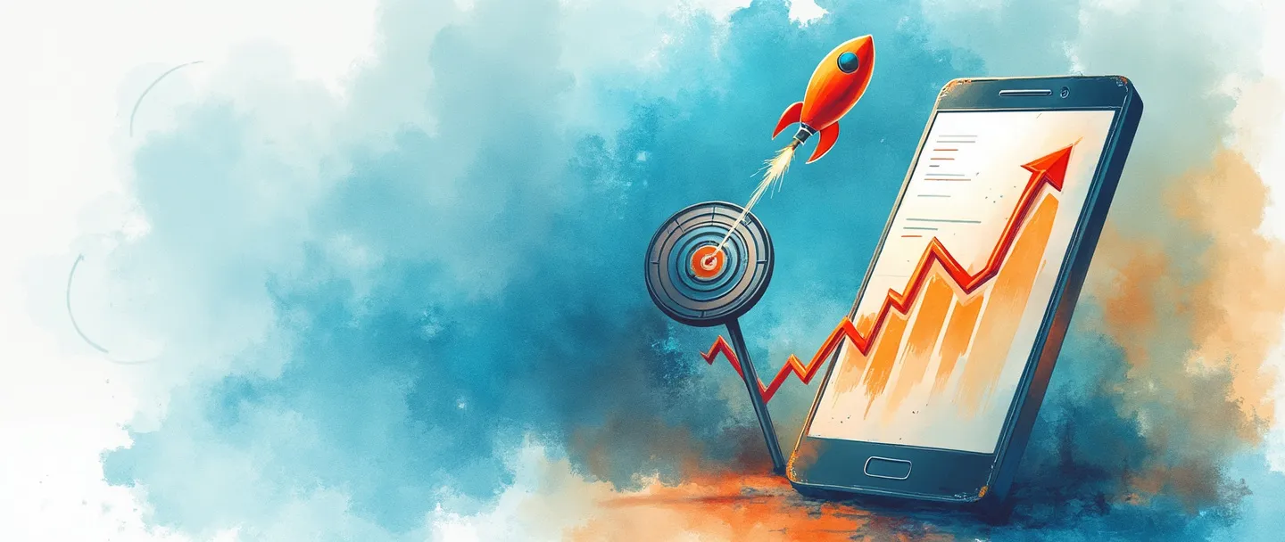 Uma pintura digital em aquarela de um smartphone exibindo um gráfico com tendência ascendente, conectado a um alvo com um centro marcado. Um pequeno foguete é lançado do telefone em direção a um troféu flutuante. Composição simples com vibrantes tons de azul e laranja, transmitindo sucesso em marketing de performance digital.