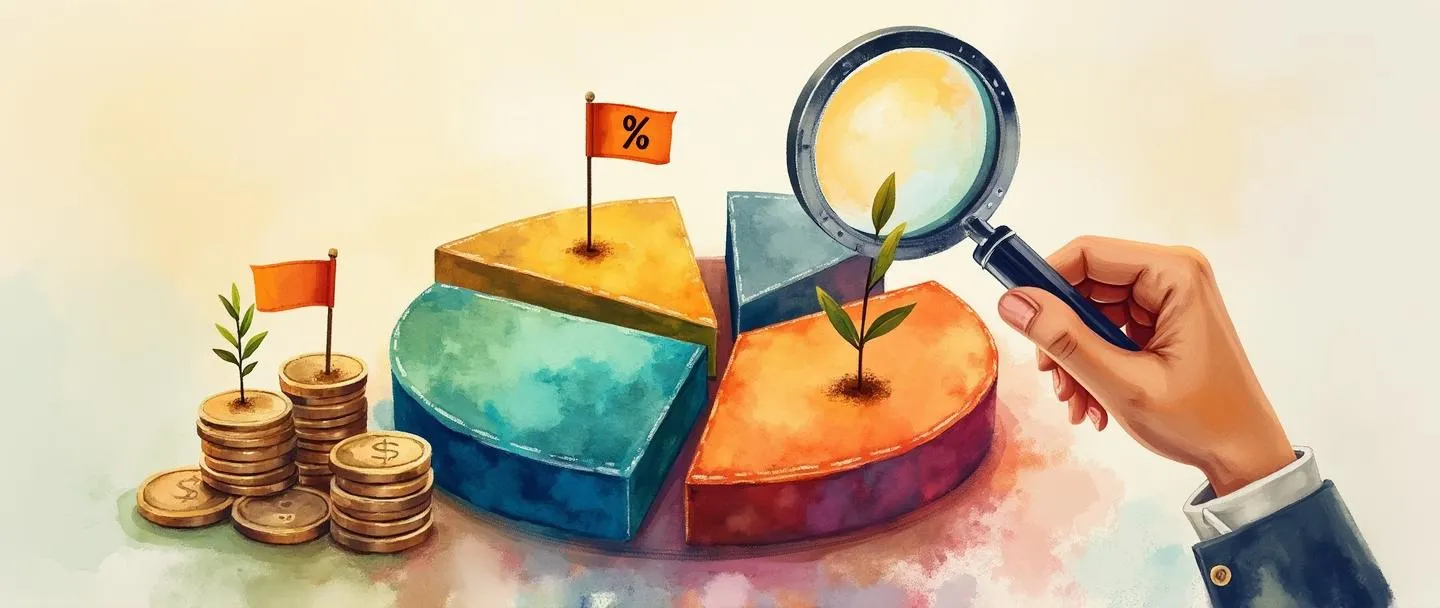 Uma pintura digital em aquarela de um gráfico de pizza dividido em segmentos coloridos, com moedas e pequenas bandeiras de investimento plantadas em diferentes seções. Uma mão segura uma lupa examinando um segmento, enquanto um pequeno símbolo de porcentagem flutua acima. Composição simples com cores quentes transmitindo planejamento financeiro e alocação de recursos.