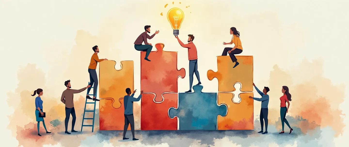 Uma pintura digital em aquarela de pessoas diversas organizando peças de quebra-cabeça para formar um edifício de escritórios estilizado. Engrenagens conectam as peças, enquanto uma escada leva a uma lâmpada flutuando acima. Composição simples com cores quentes retratando trabalho em equipe e estrutura organizacional.