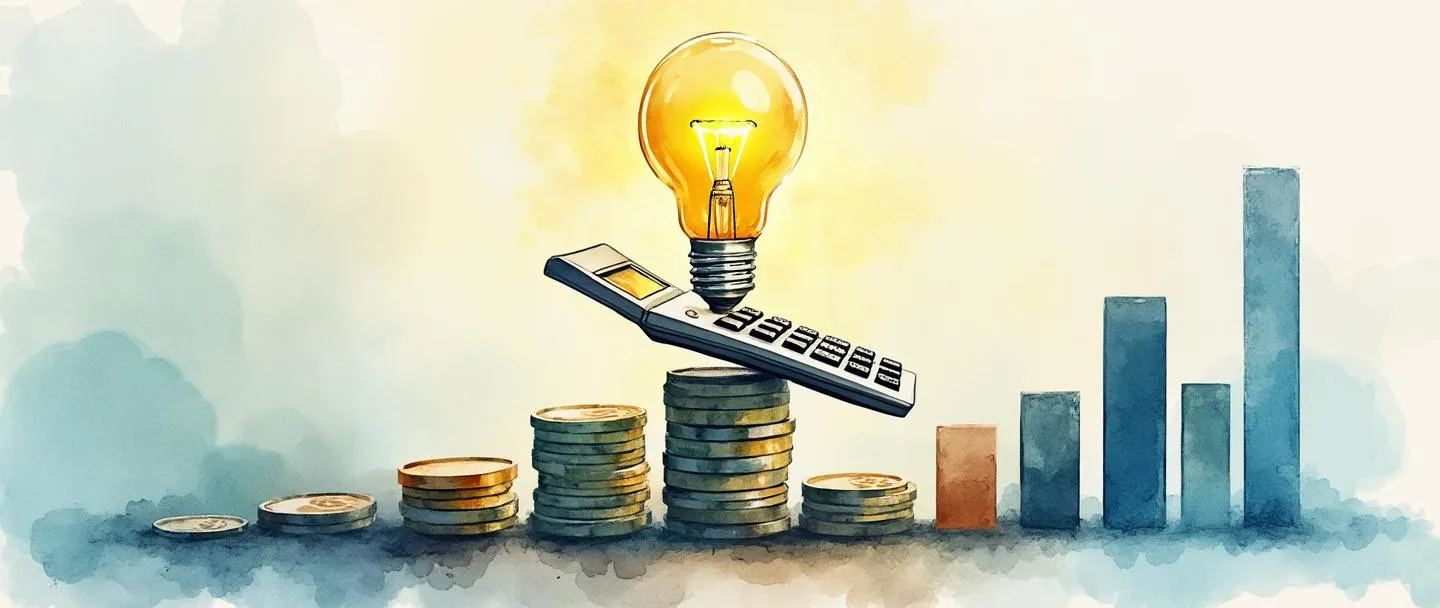 Uma pintura digital em aquarela de uma calculadora equilibrando-se em um gráfico de barras, com moedas empilhadas de um lado e um gráfico de pizza brilhando do outro. Uma lâmpada flutua acima, iluminando os elementos financeiros com uma luz dourada e quente. Composição simples, conceito de negócios, tema de análise financeira.