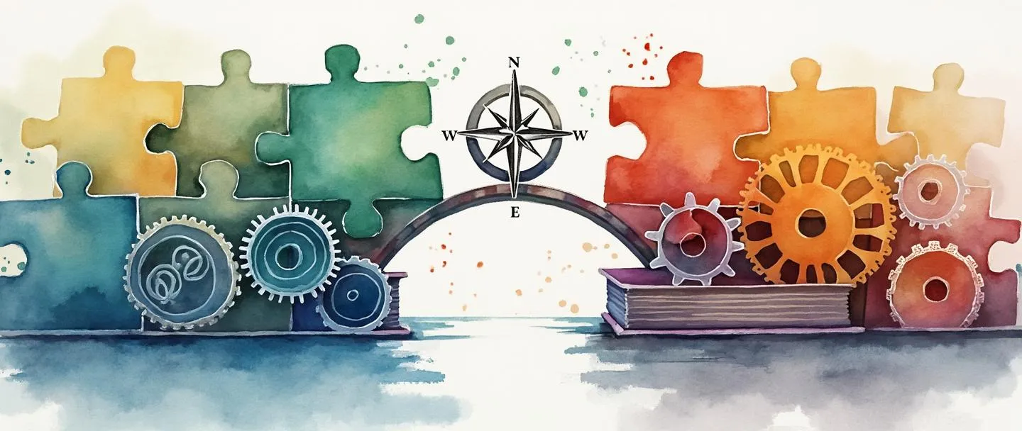 Uma pintura digital em aquarela de peças de quebra-cabeça diversas formando uma ponte entre vários livros, com engrenagens conectando-os. Uma rosa dos ventos está no centro onde as disciplinas se cruzam, com pequenos caminhos se estendendo para fora. Composição simples, cores harmoniosas, representando a gestão interdisciplinar.