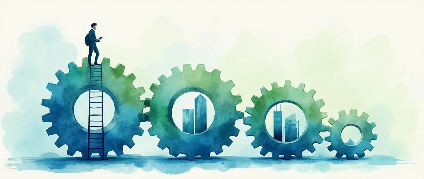 Uma pintura digital em aquarela de uma pequena engrenagem se transformando em engrenagens progressivamente maiores, organizadas em um padrão espiral ascendente. Uma escada simples conecta as engrenagens, com um pequeno edifício de escritórios na parte inferior crescendo até se tornar um arranha-céu no topo. Estilo limpo e minimalista com azuis e verdes vibrantes, transmitindo crescimento e escalabilidade.