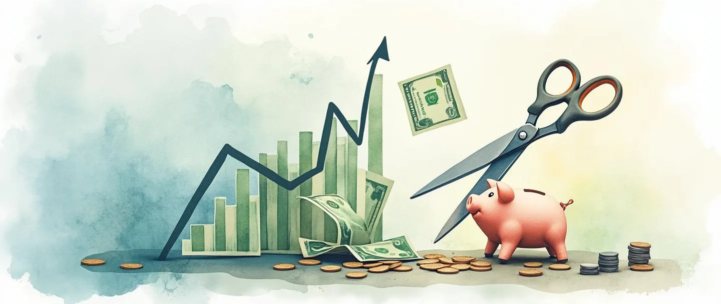 Uma pintura digital em aquarela de tesouras cortando notas de dólar e recibos de despesas acima de um gráfico com tendência descendente. Um cofre de porquinho está próximo coletando moedas que caem. Composição simples com tons suaves de azul e verde, transmitindo redução de custos operacionais através de uma gestão financeira cuidadosa.