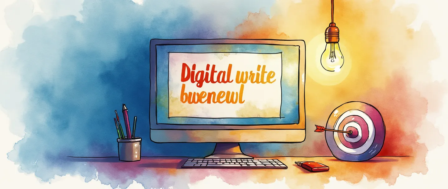 Uma pintura digital em aquarela de uma tela de computador exibindo texto colorido, com um lápis e teclado entrelaçados. Uma lâmpada brilha acima, lançando uma luz suave sobre um alvo com uma flecha no centro. Composição simples com vibrantes tons de azul e laranja, transmitindo escrita digital criativa que alcança objetivos.