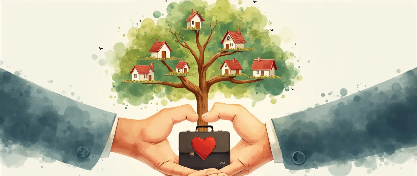 Uma pintura digital em aquarela de uma árvore genealógica com pequenas casas crescendo de seus galhos, cercada por um aperto de mão protetor formando um círculo ao seu redor. Uma pasta executiva e um símbolo de coração se misturam na base da árvore. Composição simples, cores quentes, transmitindo conexão entre família e negócios.