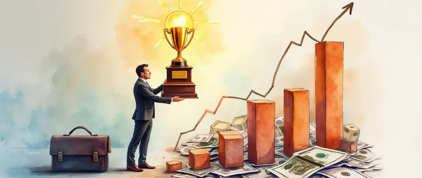 Uma pintura digital em aquarela de uma pessoa de negócios apresentando um gráfico de barras ascendente com um troféu no topo. Documentos financeiros com resultados visíveis fluem de uma pasta executiva próxima. Uma lâmpada brilha acima, iluminando toda a cena em cores quentes. Composição simples com representação visual clara de conquista financeira e relatório de desempenho.