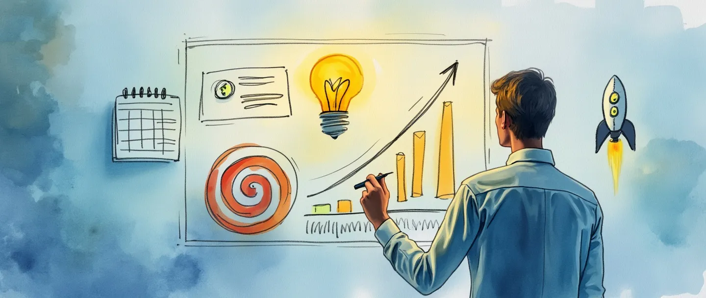 Uma pintura digital em aquarela de uma pessoa esboçando um roadmap de produto em um quadro transparente, com uma lâmpada brilhando acima. De um lado, um calendário simples e um alvo com uma flecha. Do outro lado, um pequeno foguete lançando-se para cima próximo a um gráfico crescente. Composição limpa com tons suaves de azul e amarelos quentes, transmitindo planejamento estratégico e desenvolvimento de produto.