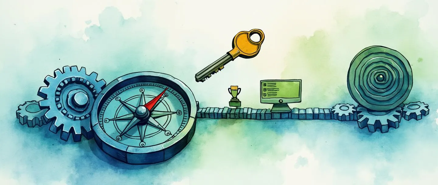 Uma pintura digital em aquarela de uma bússola guiando um caminho através de engrenagens interconectadas, levando a uma ponte que conecta um computador a um alvo com um troféu. Uma chave flutua acima, desbloqueando um fluxograma simplificado com elementos de governança. Linhas limpas, tons profissionais de azul e verde, composição organizada.