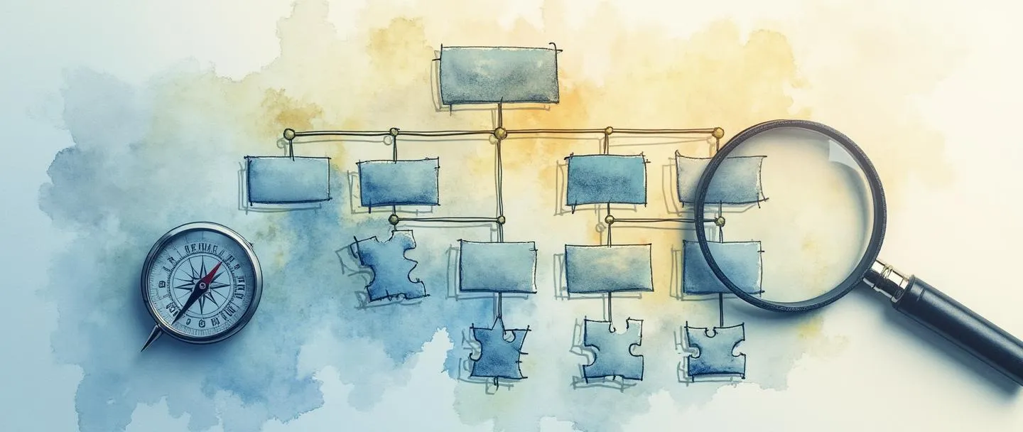 Uma pintura digital em aquarela de um organograma se transformando em um quebra-cabeça, com algumas peças flutuando livremente. Uma lupa paira sobre a estrutura, revelando conexões ocultas. Uma bússola aponta para vários caminhos institucionais. Composição simples com tons suaves de azul e amarelos quentes, transmitindo análise e estruturas institucionais.