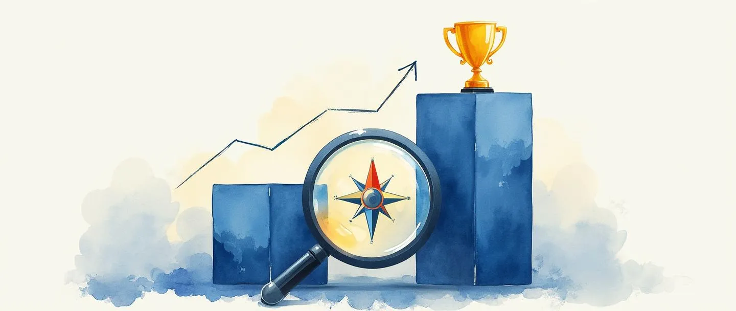 Uma pintura digital em aquarela de dois gráficos de barras lado a lado, um ligeiramente mais alto que o outro, com uma lupa pairando sobre eles. Uma bússola aponta para cima entre os gráficos, e um pequeno troféu está no topo do gráfico mais alto. Composição simples com tons de azul e dourado, transmitindo comparação e melhoria.