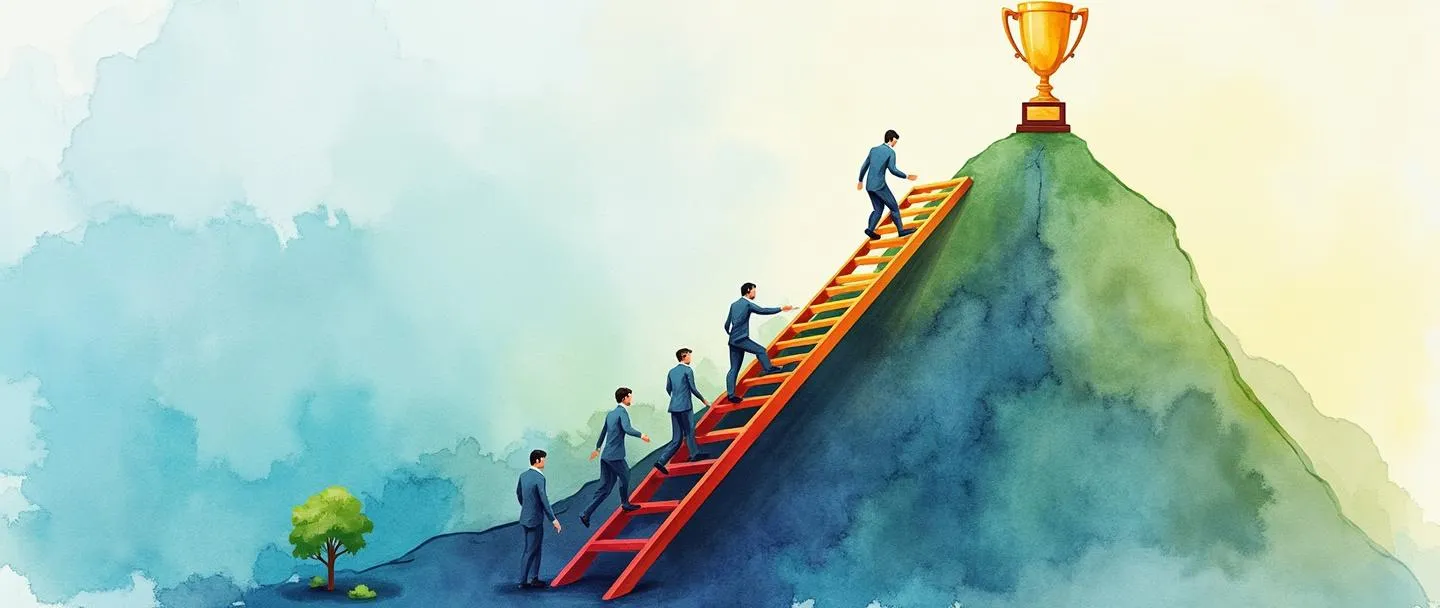 Uma pintura digital em aquarela de uma escada com cinco degraus coloridos subindo uma montanha, com uma pequena figura escalando. Cada degrau está rotulado com níveis crescentes de maturidade empresarial. Na base há uma muda de planta, e no topo há um troféu. Composição simples com azuis e verdes vibrantes, profissional mas acessível.