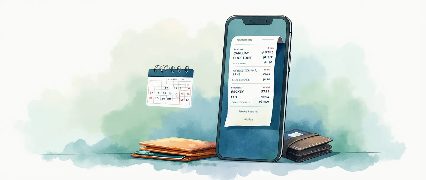 Uma pintura digital em aquarela de um smartphone exibindo um recibo rolante com histórico de transações. Uma pequena carteira e um cartão de crédito flutuam próximos, com um calendário mostrando datas passadas. Composição simples com tons suaves de azul e verde, transmitindo o acompanhamento de compras e organização financeira.