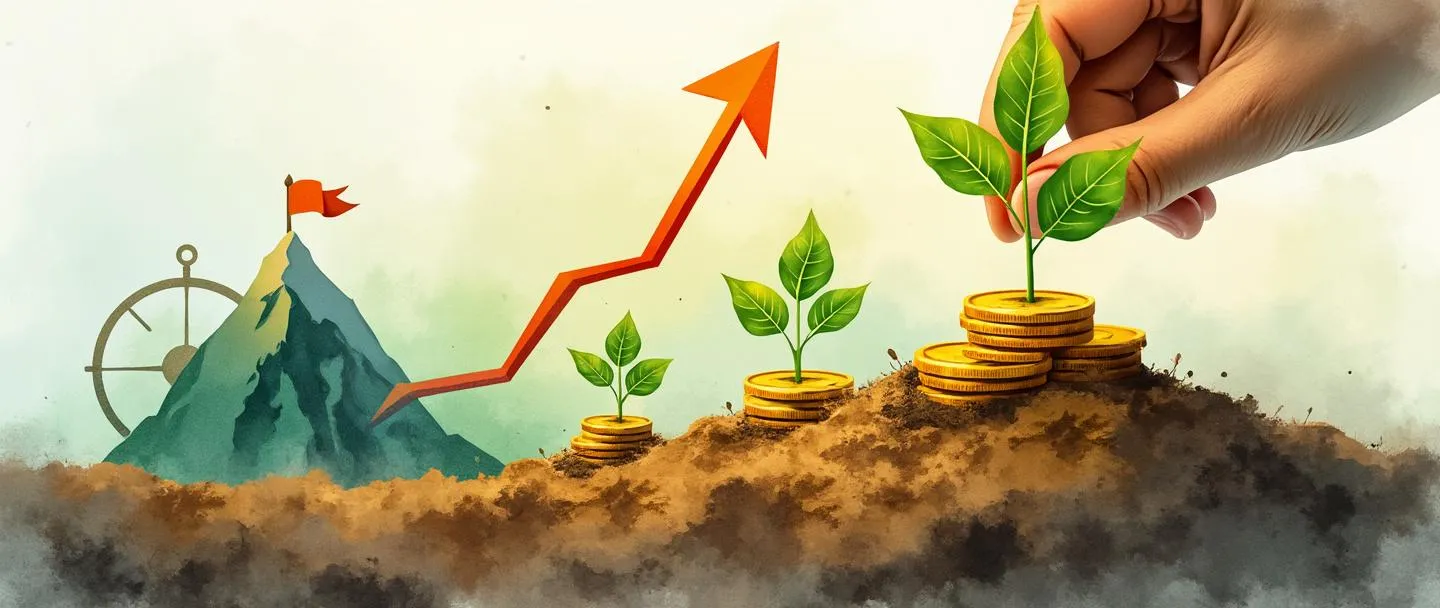 Uma pintura digital em aquarela de uma mão plantando moedas douradas em solo fértil, com pequenos brotos verdes crescendo e se transformando em árvores de dinheiro. Um gráfico ascendente curva-se para cima no fundo, enquanto uma bússola aponta para um pico de montanha com uma bandeira. Composição simples com tons terrosos quentes e verdes vibrantes, transmitindo crescimento e oportunidade financeira.