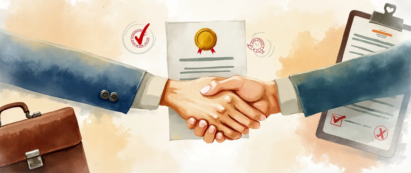 Uma pintura digital em aquarela de um certificado com um selo dourado sendo trocado em um aperto de mãos, cercado por uma marca de verificação sutil e um carimbo de qualidade. Uma pasta e uma prancheta pairam nas proximidades, sugerindo aprovação profissional. Composição simples com cores quentes e confiáveis transmitindo validação oficial.