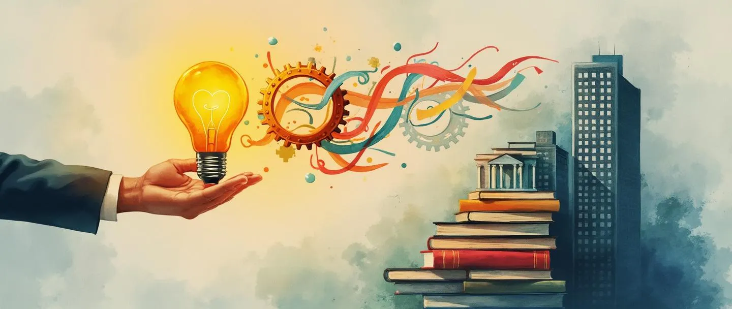 Uma pintura digital em aquarela de uma pessoa de negócios segurando uma lâmpada brilhante conectada a engrenagens, com conhecimento fluindo como correntes coloridas de livros para um edifício de escritórios em crescimento. Composição simples com cores quentes destacando a transferência de expertise e sabedoria corporativa.