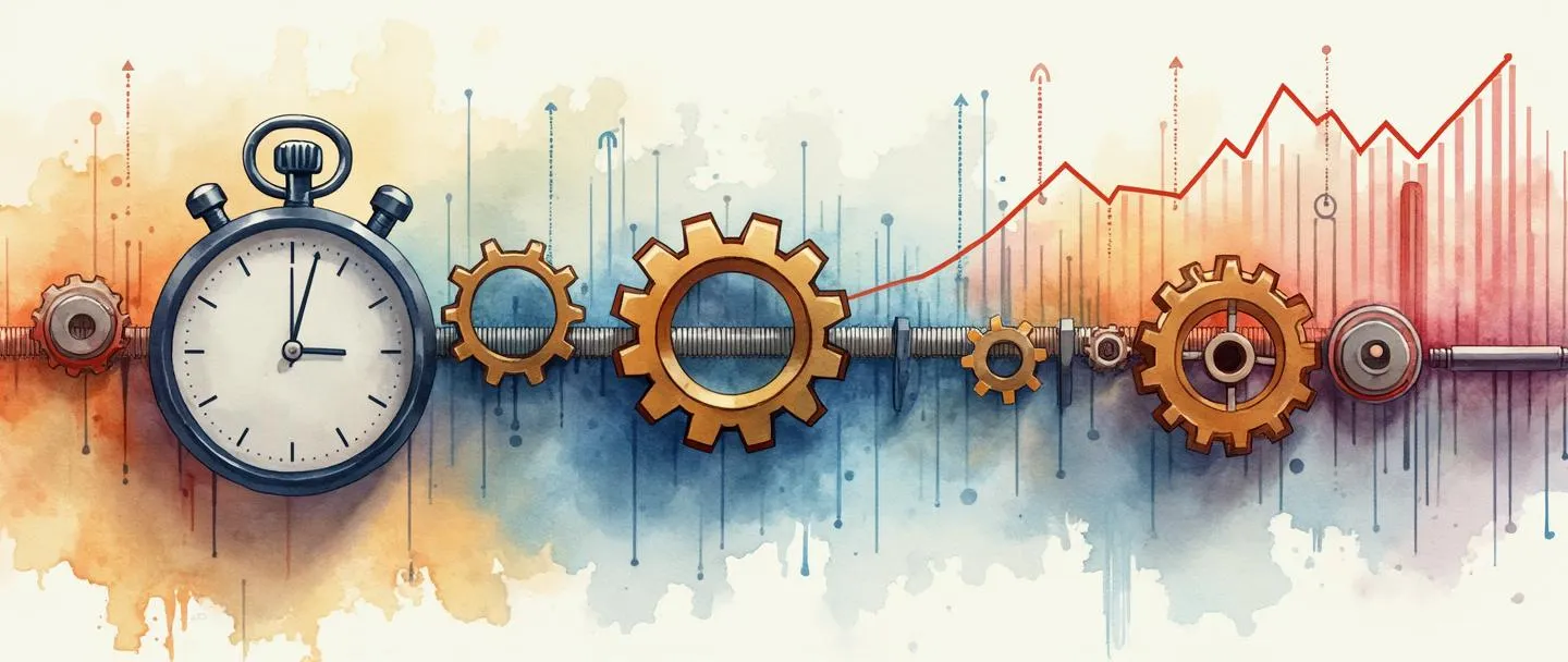 Uma pintura digital em aquarela de engrenagens fluindo suavemente ao longo de um processo simplificado, com partes desnecessárias sendo removidas. Um cronômetro mostra tempo melhorado, enquanto um gráfico apresenta tendência ascendente. Composição simples com desperdício mínimo representado por linhas limpas e eficientes. Paleta de cores vibrante, porém focada, enfatizando otimização e melhoria contínua.