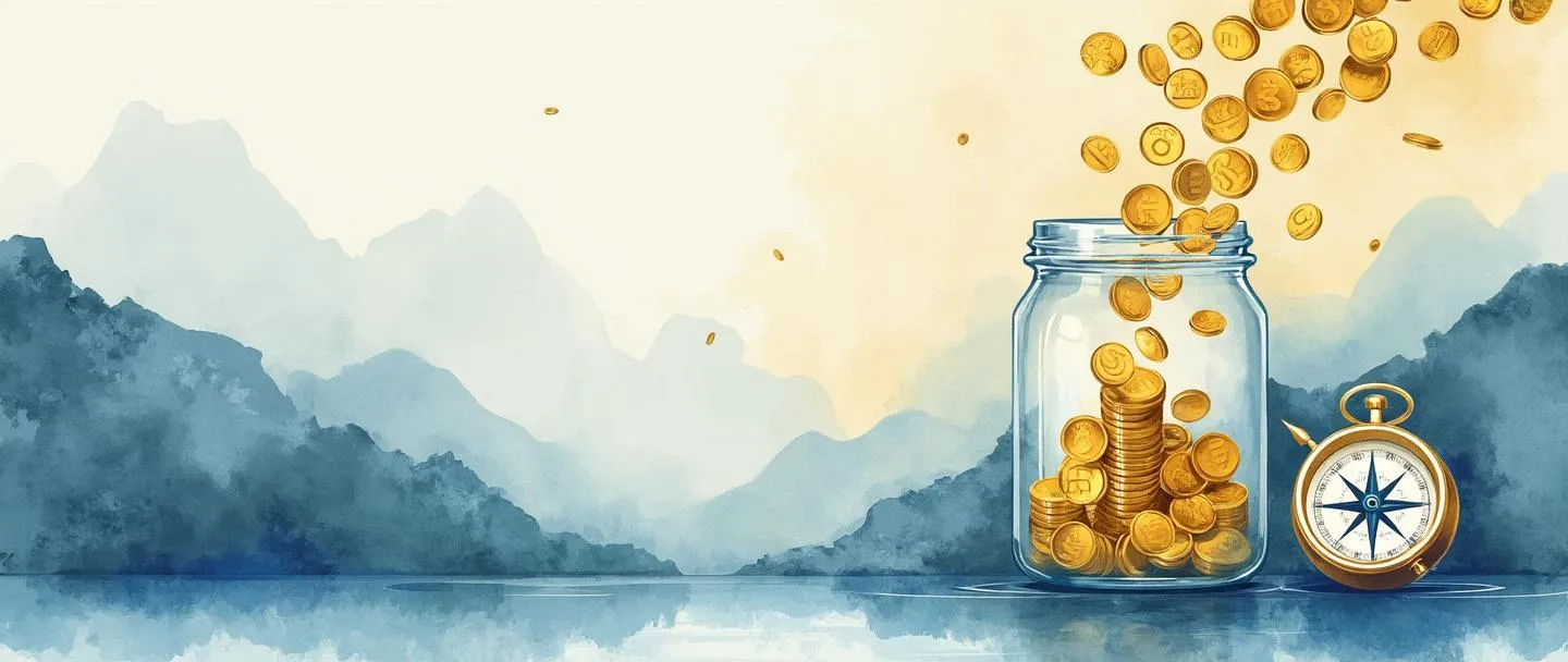 Uma pintura digital em aquarela de água fluindo que se transforma em moedas de ouro que caem em um recipiente de vidro transparente. Ao lado, uma bússola aponta para um caminho que leva através de montanhas. Composição simples com tons de azul e dourado, transmitindo o conceito de liquidez estratégica. Pinceladas elegantes, detalhes mínimos, tema de finanças empresariais.