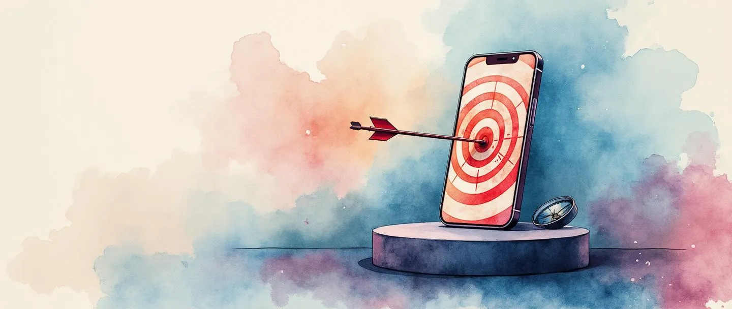 Uma pintura digital em aquarela de um smartphone exibindo um alvo com uma flecha acertando o centro. O telefone está sobre um pódio com uma pequena bússola ao lado. Composição simples com cores vibrantes, representando estratégia de posicionamento digital.