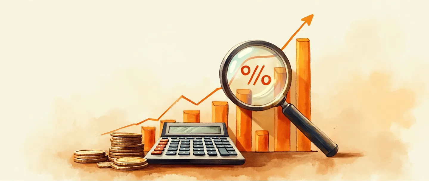 Uma pintura digital em aquarela de uma calculadora sobre um gráfico de barras ascendente, com moedas empilhadas ao lado. Uma lupa paira sobre o gráfico, revelando um símbolo de porcentagem. Composição simples com tons dourados quentes, transmitindo análise financeira e avaliação de rentabilidade.