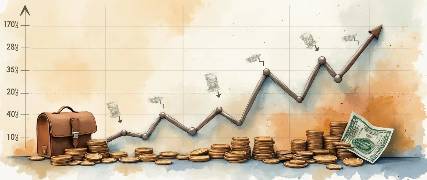 Uma pintura digital em aquarela de um gráfico de linha flutuante com setas apontando para cima e para baixo, cercado por moedas e notas de dólar. Uma pequena pasta de investimentos está na base do gráfico com porcentagens flutuando acima dela. Composição simples, tema financeiro, cores quentes.