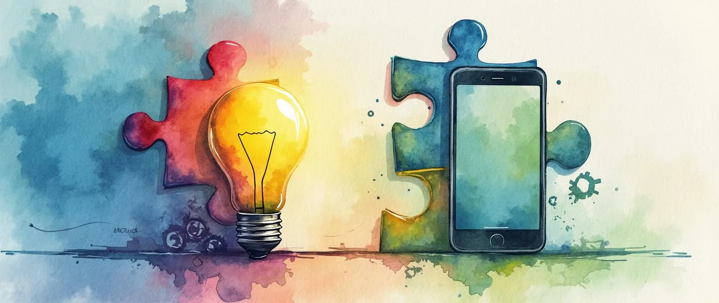 Uma pintura digital em aquarela de uma peça de quebra-cabeça se transformando em uma lâmpada, com pequenas engrenagens conectando-as. Um smartphone exibe o quebra-cabeça completo com a lâmpada brilhando. Composição simples, cores vibrantes, ilustrando recursos do produto como soluções.