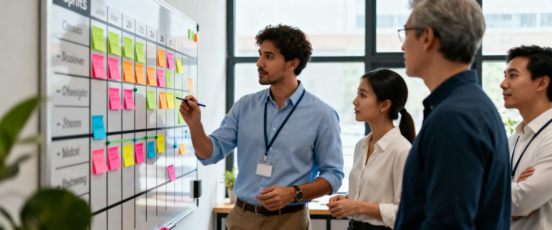 Scrum: o que é e como utilizar a metodologia ágil na sua gestão Equipe diversa de profissionais em reunião ágil ao redor de quadro scrum físico com post-its coloridos em escritório moderno. Fotografia editorial ultra-realista capturando momento autêntico de trabalho colaborativo em metodologia ágil.