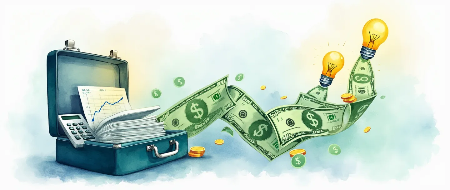 Uma pintura digital em aquarela de um fluxo de dinheiro se transformando em várias ferramentas financeiras - calculadora, gráfico e moedas. Uma lâmpada brilha acima, iluminando uma pasta cheia de documentos financeiros organizados. Composição simples com tons suaves de azul e verde, transmitindo recursos financeiros e planejamento.