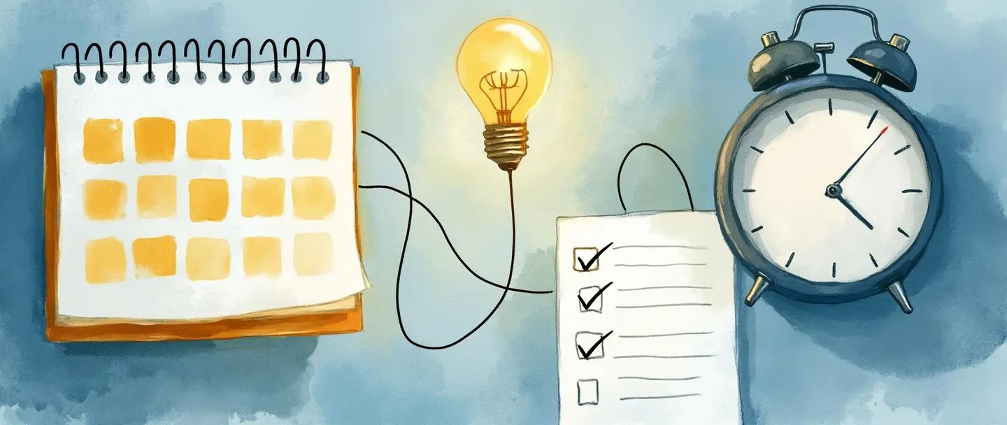 Uma pintura digital em aquarela de um calendário com compromissos agendados destacados em dourado, conectados por linhas fluidas a um relógio com blocos de tempo organizados. Uma pequena lâmpada brilha acima, iluminando uma lista de tarefas organizada com marcas de verificação. Composição simples, tons suaves de azul e amarelos quentes, atmosfera organizada e eficiente.