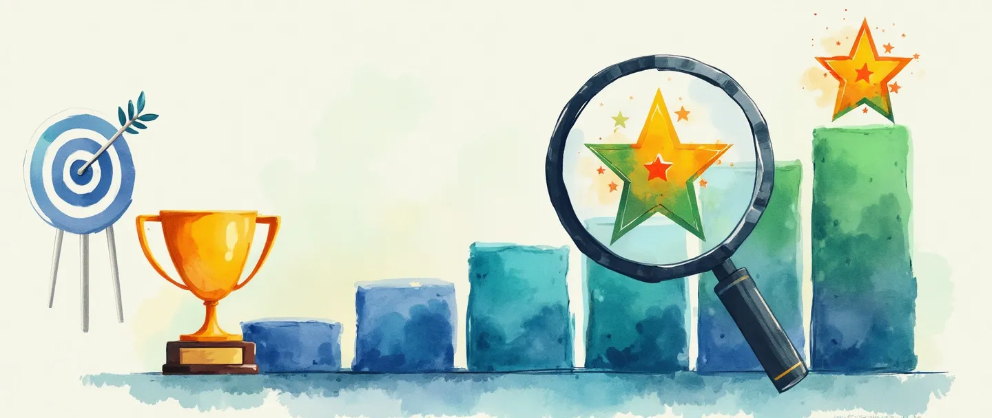 Uma pintura digital em aquarela de um gráfico de barras ascendente com uma lupa pairando sobre ele, revelando estrelas coloridas de qualidade dentro da barra mais alta. Um pequeno troféu está ao lado do gráfico, enquanto um alvo simples com uma flecha no centro flutua acima. Design limpo com azuis e verdes vibrantes, transmitindo excelência na medição de desempenho.