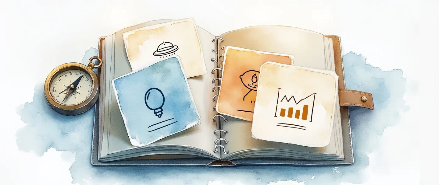 Uma pintura digital em aquarela de um portfólio aberto exibindo vários cartões de produtos organizados em formato de leque. Cada cartão mostra um ícone simples - uma lâmpada, um foguete e um gráfico. Uma bússola está próxima, sugerindo direção e estratégia. Composição limpa com tons suaves de azul e dourado, orientada para negócios, mas ao mesmo tempo acessível.