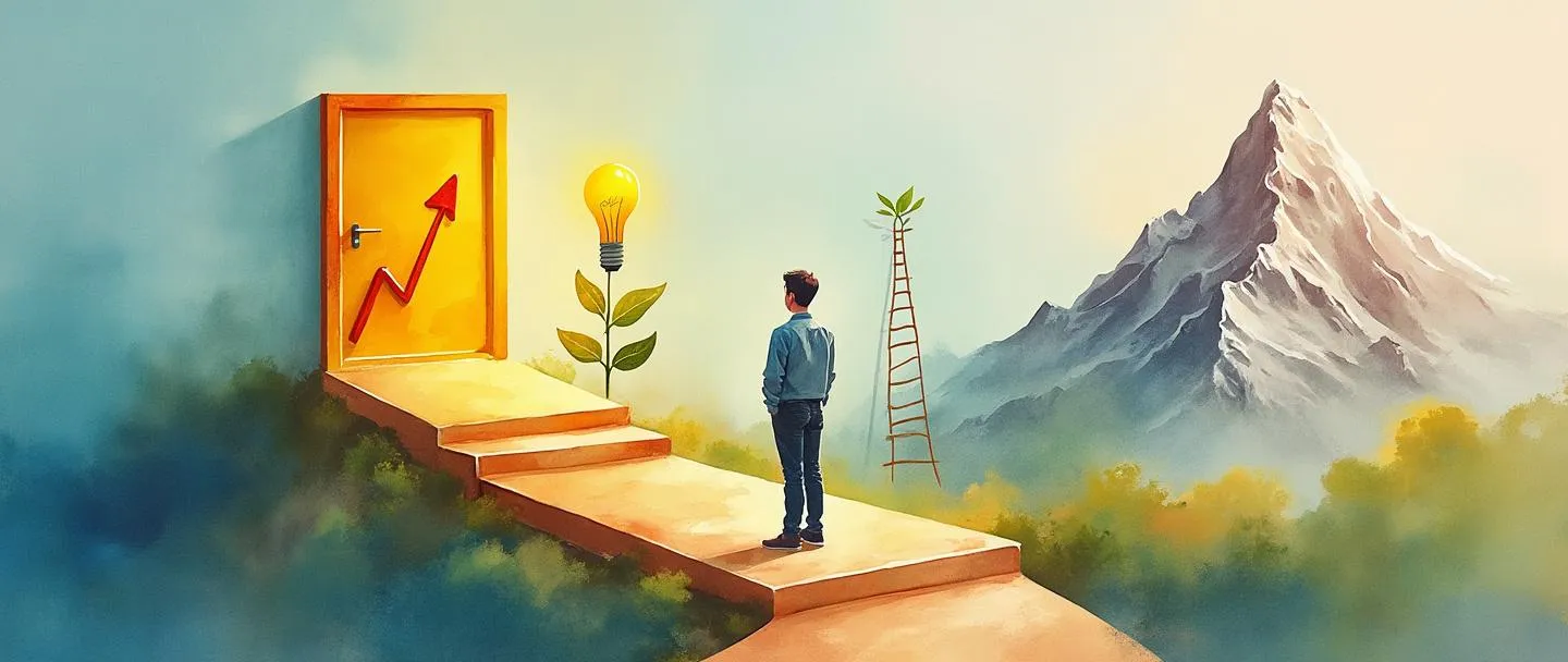Uma pintura digital em aquarela de uma pessoa em pé em uma encruzilhada com múltiplos caminhos, cada um levando a diferentes oportunidades: uma porta dourada se abrindo para revelar um gráfico em ascensão, uma muda brotando com uma lâmpada acima dela, e uma escada alcançando o pico de uma montanha. Composição simples com cores vibrantes transmitindo possibilidade e crescimento.