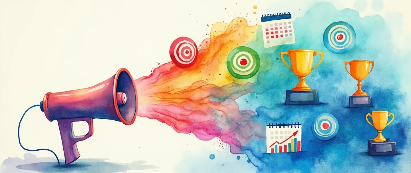 Uma pintura digital em aquarela de um megafone projetando ondas coloridas que se transformam em ícones de alvo e troféus. Um calendário e um gráfico surgem das ondas, mostrando progresso ascendente. Composição simples com cores vibrantes transmitindo o sucesso de uma campanha de marketing.