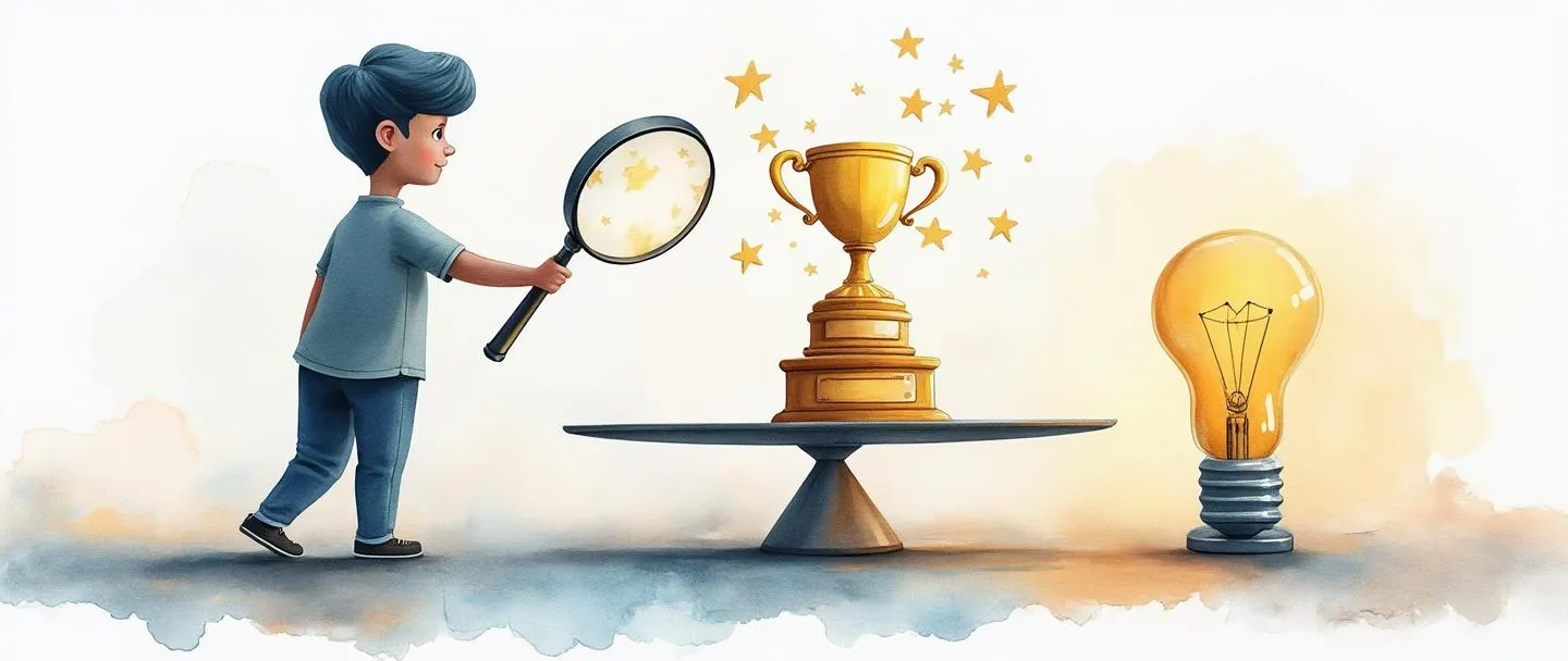 Uma pintura digital em aquarela de um cliente examinando um produto premium com uma lupa, revelando um troféu dourado e classificações de estrelas flutuando acima. Uma balança simples equilibra qualidade e percepção, com uma lâmpada brilhante próxima representando insight. Composição limpa com cores suaves destacando o momento de reconhecimento da qualidade.