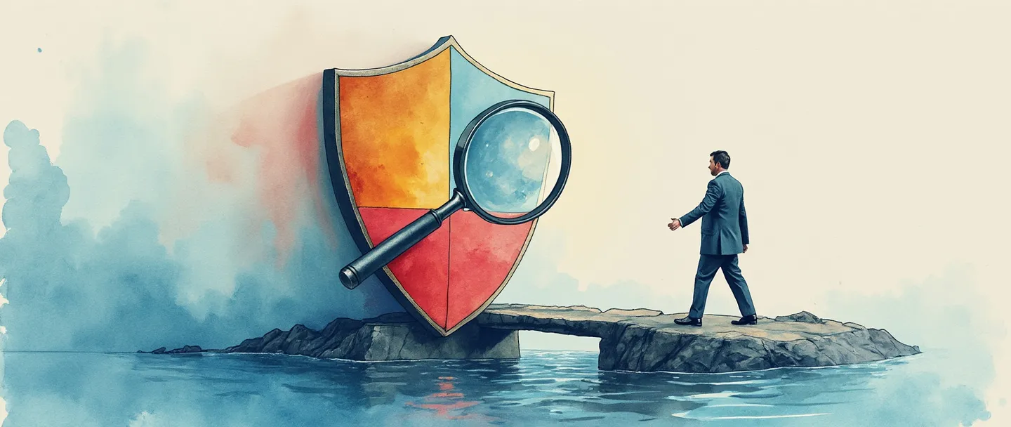 Uma pintura digital em aquarela de uma pessoa em trajes de negócios segurando uma lupa sobre um gráfico colorido de matriz de riscos. Atrás dela, um escudo protege uma pequena ponte que atravessa águas turbulentas. Composição simples com azuis e vermelhos vibrantes, transmitindo liderança analítica e tomada de decisões protetoras.