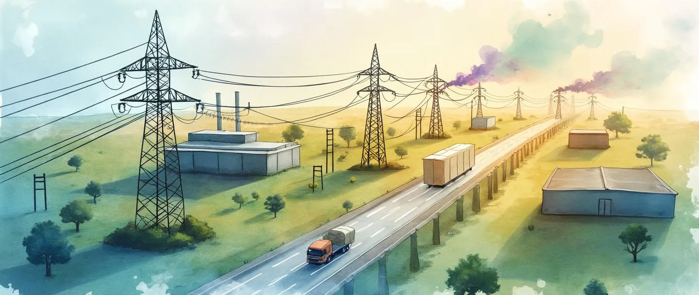 Uma pintura digital em aquarela de uma rede de linhas de energia interconectadas e torres de distribuição que se espalham de uma fábrica central para vários edifícios. Pequenos caminhões se movem ao longo de estradas que conectam os pontos, com fluxos de energia coloridos representados por suaves gradientes de aquarela. Composição simples com hierarquia visual clara mostrando como os recursos se movem da fonte para os destinos.
