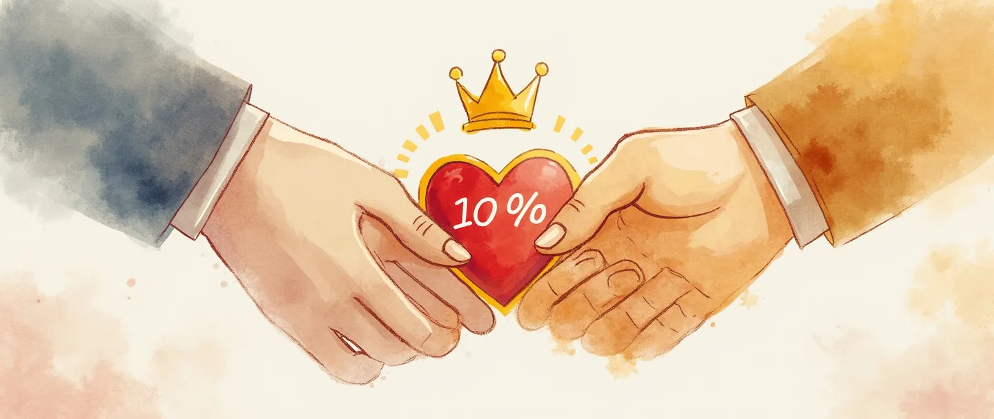 Uma pintura digital em aquarela de um aperto de mãos conectando-se a um distintivo em forma de coração, com uma pequena coroa acima dele. Um medidor de porcentagem de fidelidade sobe ao lado, mostrando níveis crescentes do vermelho ao dourado. Composição simples com cores quentes, transmitindo confiança na marca e compromisso do cliente.