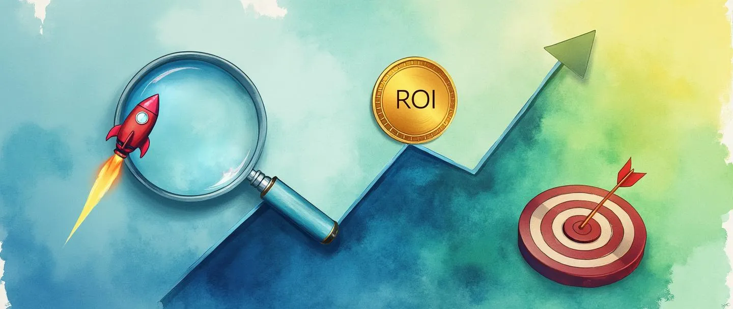 Uma pintura digital em aquarela de um gráfico com tendência ascendente, com uma lupa focando em seu ponto mais alto, onde uma moeda dourada com "ROI" gravado está posicionada. Um pequeno foguete impulsiona a linha para cima, enquanto um alvo com uma flecha no centro aparece próximo. Composição simples com vibrantes tons de azul e verde que se transformam em dourado no pico.