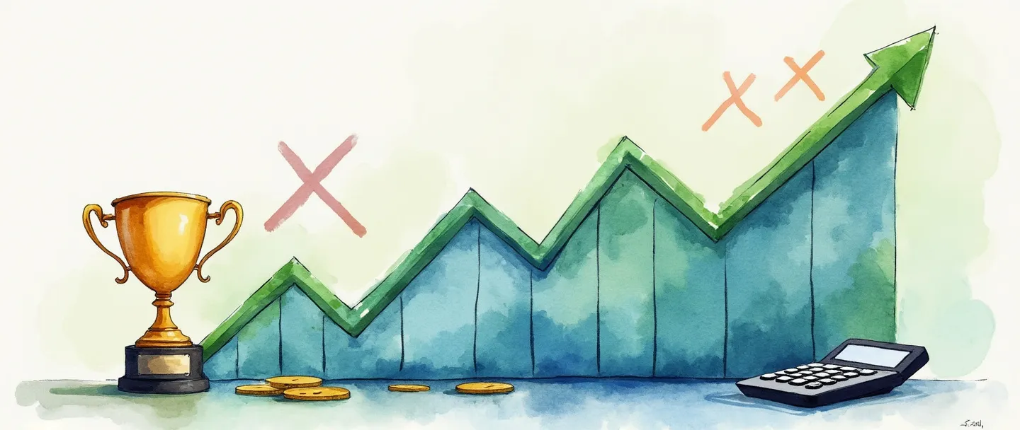 Uma pintura digital em aquarela de um gráfico com tendência ascendente com um grande "X" marcado em seu pico. Um pequeno troféu está ao lado do gráfico, enquanto algumas moedas e uma calculadora repousam em sua base. Composição simples com azuis e verdes vibrantes, transmitindo a conquista de desempenho financeiro.