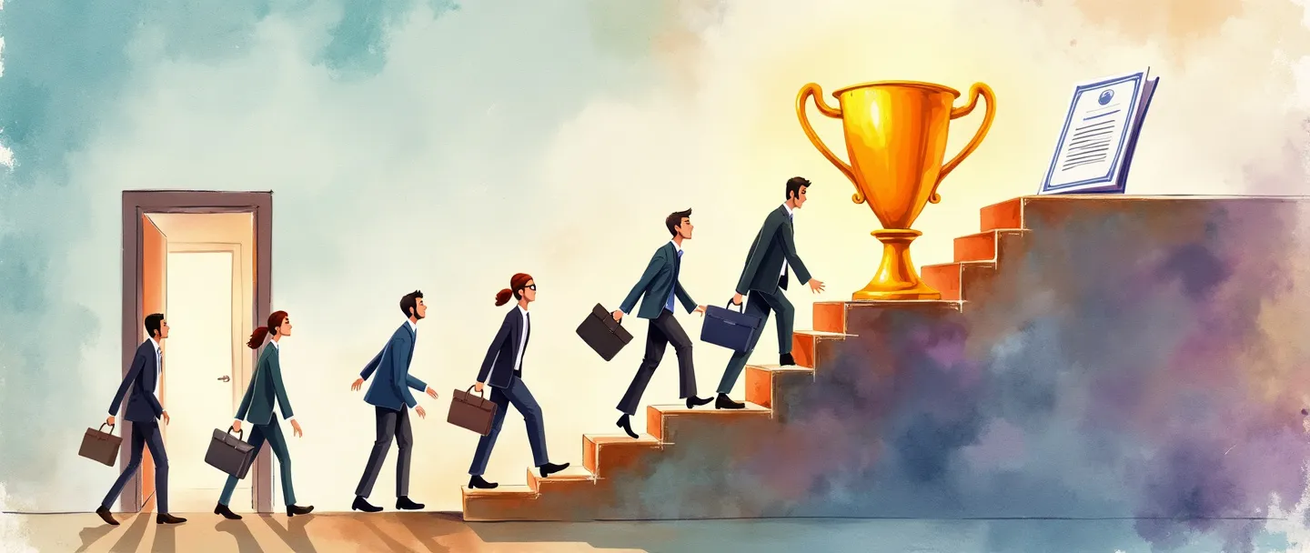 Uma pintura digital em aquarela de jovens profissionais subindo uma escada de carreira, carregando pastas e portfólios. No topo da escada há um troféu brilhante e um certificado. O fundo mostra um edifício de escritórios simples com uma porta aberta. Linhas limpas, atmosfera profissional, cores vibrantes, porém sofisticadas.