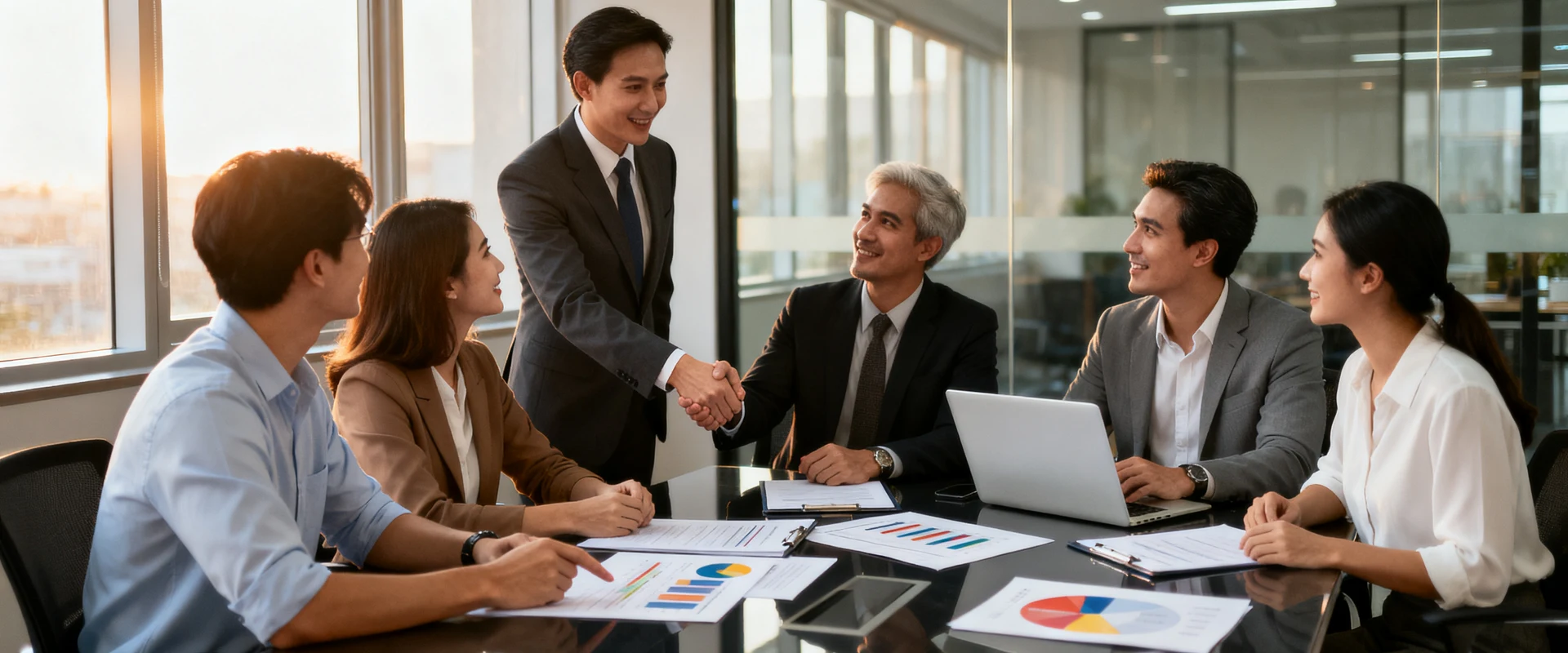 Como Escolher a Consultoria Empresarial Ideal para o Seu Negócio Fotografia editorial ultra-realista de consultoria empresarial: reunião profissional com empreendedores diversos em escritório moderno, aperto de mão e discussão sobre documentos, capturada com Canon EOS R5, luz natural, foco nítido e detalhes autênticos.