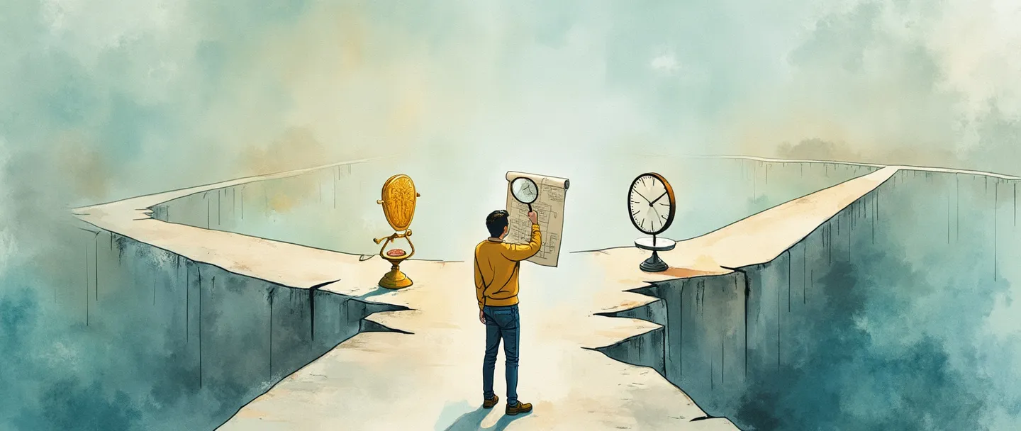 Uma pintura digital em aquarela de uma pessoa examinando uma planta com uma lupa enquanto está em uma encruzilhada. Um caminho leva a um troféu dourado, o outro a uma ponte quebrada. Uma balança equilibra uma moeda e um relógio, flutuando por perto. Composição simples, atmosfera analítica, tema de tomada de decisão.