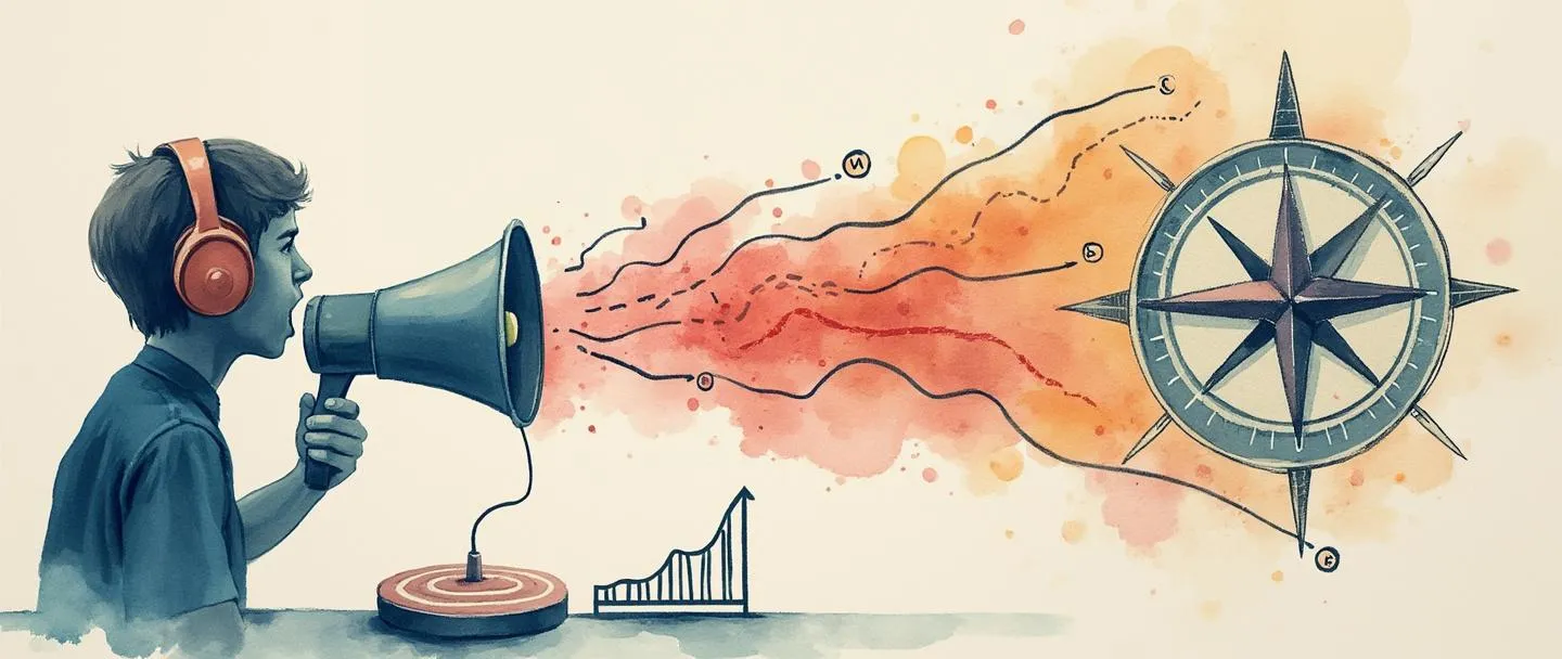 Uma pintura digital em aquarela de uma pessoa usando fones de ouvido falando em um megafone que se transforma em uma rosa dos ventos, com caminhos estratégicos fluindo para fora. Um pequeno alvo com um centro está próximo, conectado a um gráfico com tendência ascendente. Composição simples, cores profissionais, conceito de escuta estratégica.