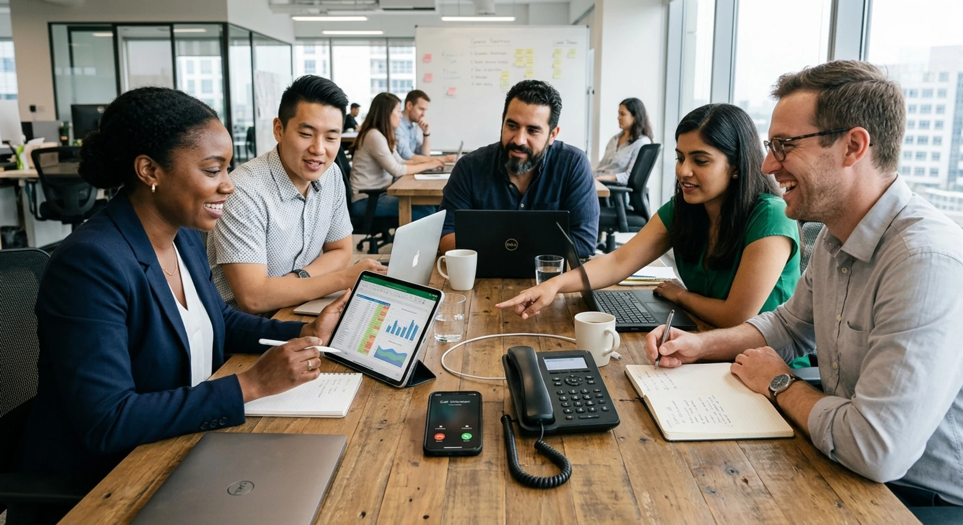 Equipe de negócios diversificada colaborando em ambiente moderno com smartphones e tablets substituindo telefones fixos e documentos em papel. Fotografia editorial ultra-realista capturando momento autêntico de transformação digital no ambiente corporativo.