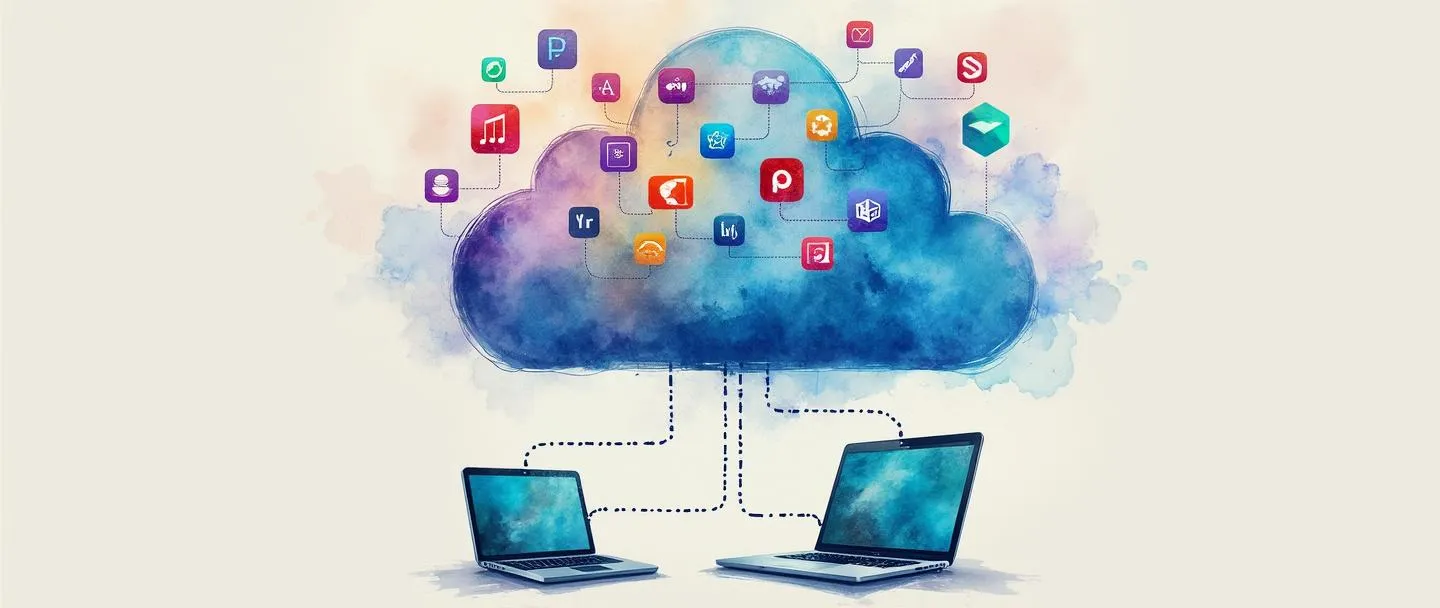 Uma pintura digital em aquarela de um servidor de computador em forma de nuvem com vários aplicativos coloridos flutuando acima dele. Abaixo, um smartphone e um laptop se conectam à nuvem com linhas pontilhadas. Composição simples, com tons vibrantes de azul e roxo, representando software acessado remotamente através de dispositivos conectados à internet.