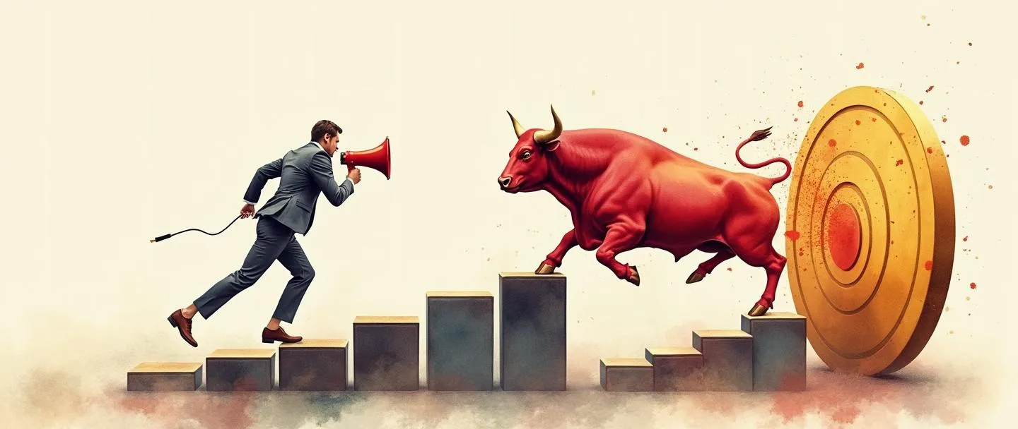 Uma pintura digital em aquarela de um touro vermelho avançando em um gráfico de barras ascendente, rompendo barreiras dos concorrentes. Uma pessoa de negócios com um megafone está em pé com confiança nas costas do touro, direcionando seu caminho em direção a um alvo dourado. Composição simples com cores vibrantes enfatizando a agressividade de mercado e estratégia competitiva.