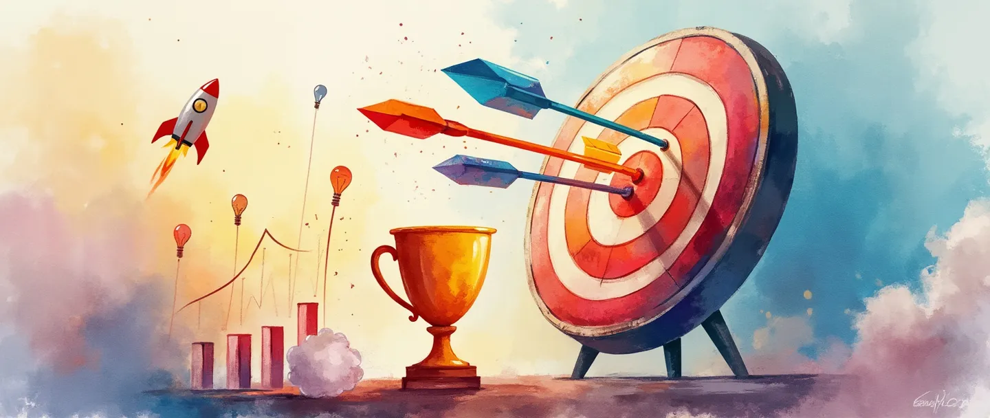 Uma pintura digital em aquarela de um alvo com flechas coloridas acertando o centro, rodeado por lâmpadas flutuantes e pequenos gráficos com tendência de crescimento. Um troféu está na base do alvo, com um simples foguete decolando ao fundo. Composição limpa, cores vibrantes mas profissionais, transmitindo a conquista de objetivos de marketing.