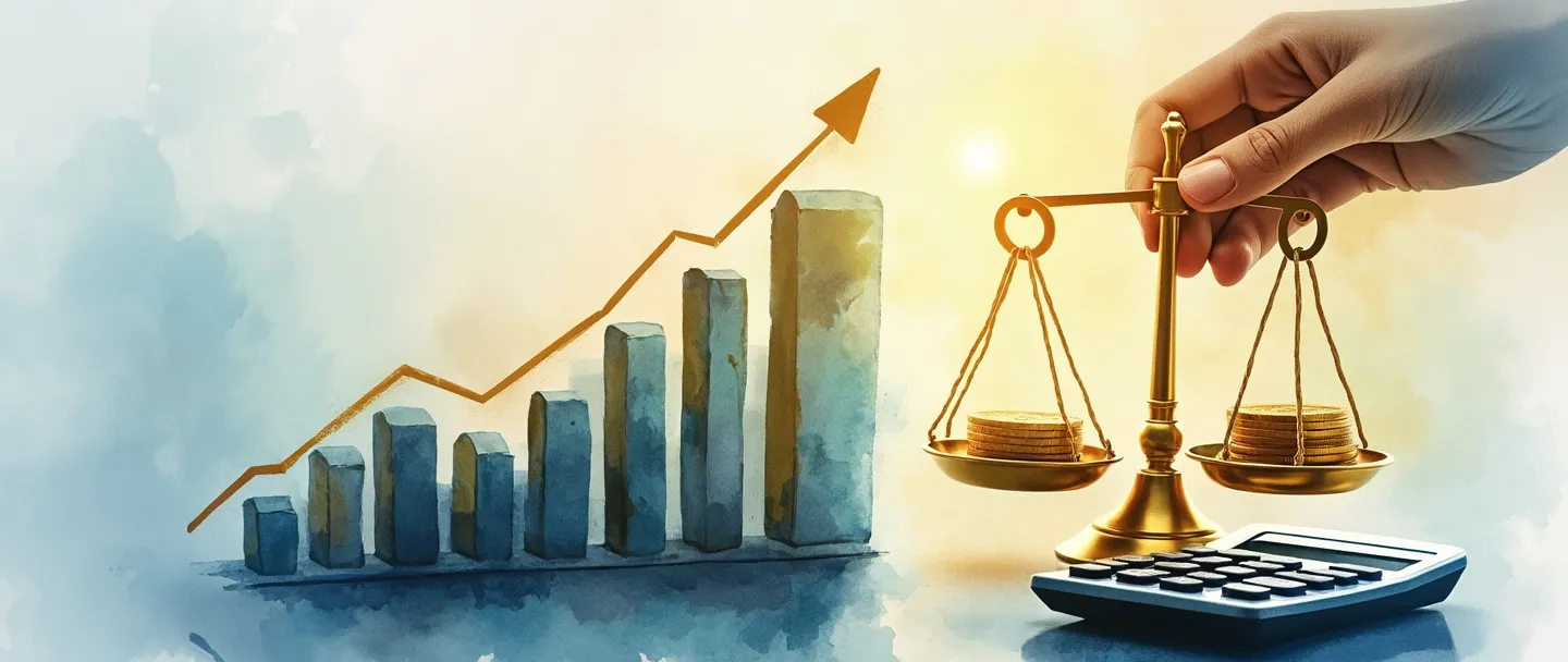 Uma pintura digital em aquarela de uma mão segurando uma balança dourada que pesa moedas contra um gráfico de barras em ascensão. Uma calculadora está próxima enquanto um brilho suave envolve os elementos financeiros. Composição simples com tons quentes de azul e dourado, transmitindo avaliação de valor financeiro.