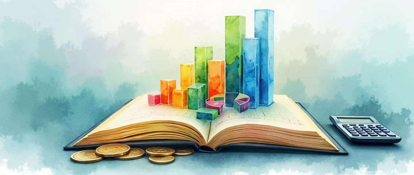 Uma pintura digital em aquarela de um livro de relatório financeiro aberto com gráficos de barras coloridos e gráficos de pizza emergindo de suas páginas. Uma calculadora e moedas estão colocadas ao lado do livro. Composição simples com tons suaves de azul e verde, transmitindo análise e relatórios financeiros.