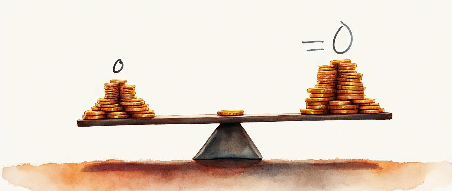 Uma pintura digital em aquarela de uma gangorra simples equilibrando duas pilhas de moedas, com um lado subindo enquanto o outro desce. Uma equação sutil mostrando "0" aparece acima do fulcro. Composição limpa com elementos mínimos, usando cores contrastantes para destacar a natureza equilibrada, porém oposta, do conceito.