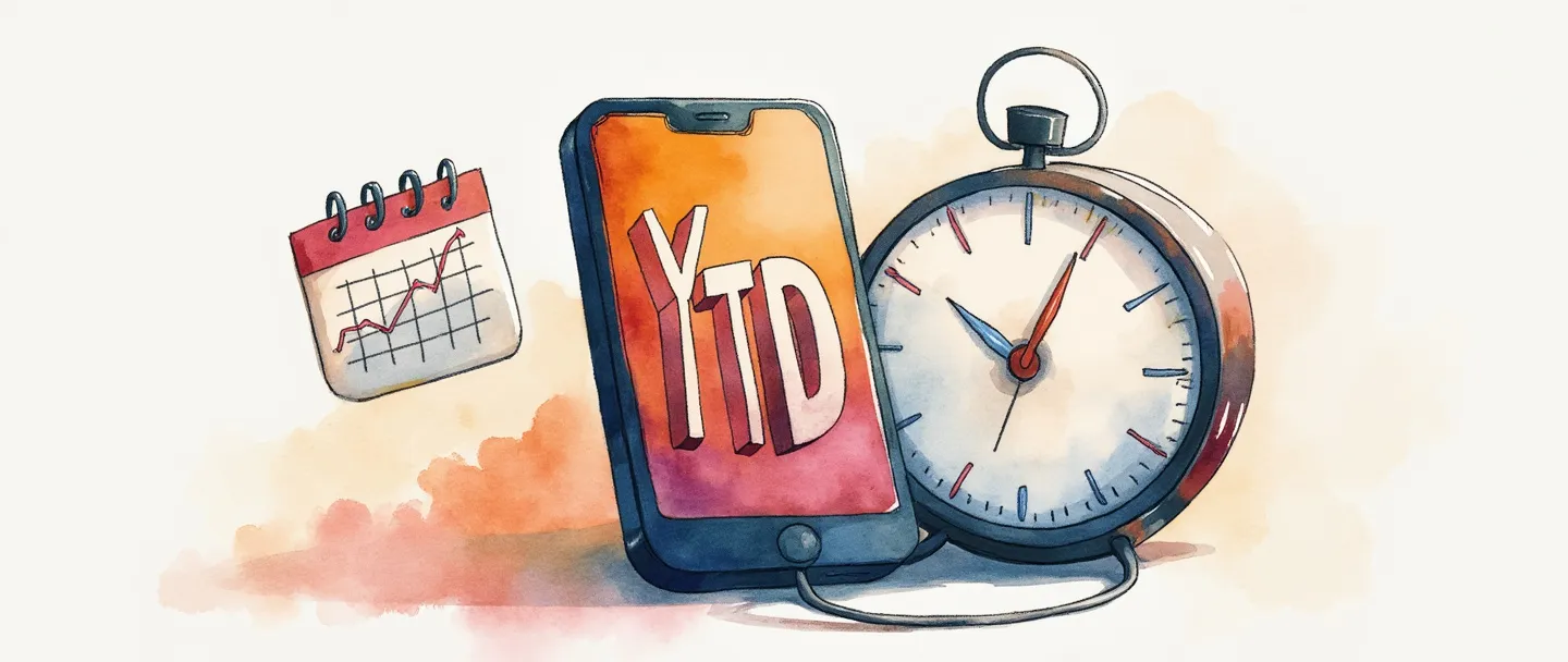 Uma pintura digital em aquarela de um smartphone exibindo "YTD" em letras negritadas, com um pequeno calendário mostrando o ano atual e um simples gráfico com tendência ascendente ao lado. Um relógio com ponteiros apontando para o passado se conecta ao telefone, sugerindo o conceito de "ontem" ou "acumulado do ano". Paleta de cores minimalista, composição limpa.